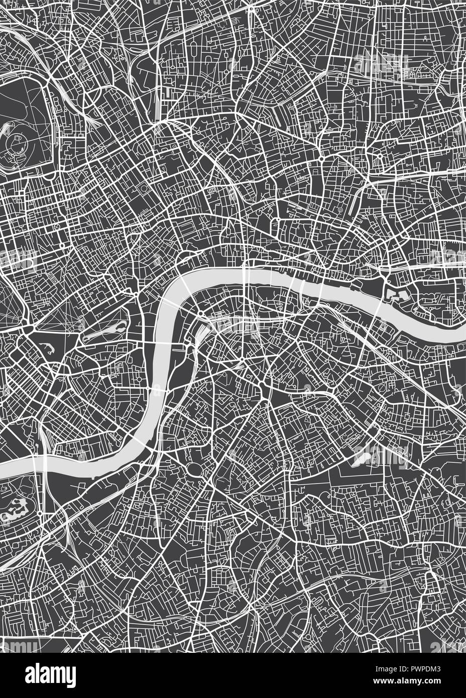 Plan détaillé de la ville de Londres, carte de vecteur plan détaillé de la ville, les rivières et les rues Illustration de Vecteur