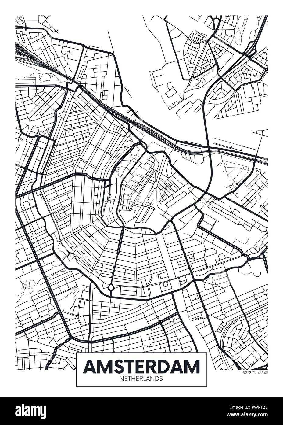 Poster vector map city Amsterdam plan détaillé de la ville, les rivières et les rues Illustration de Vecteur