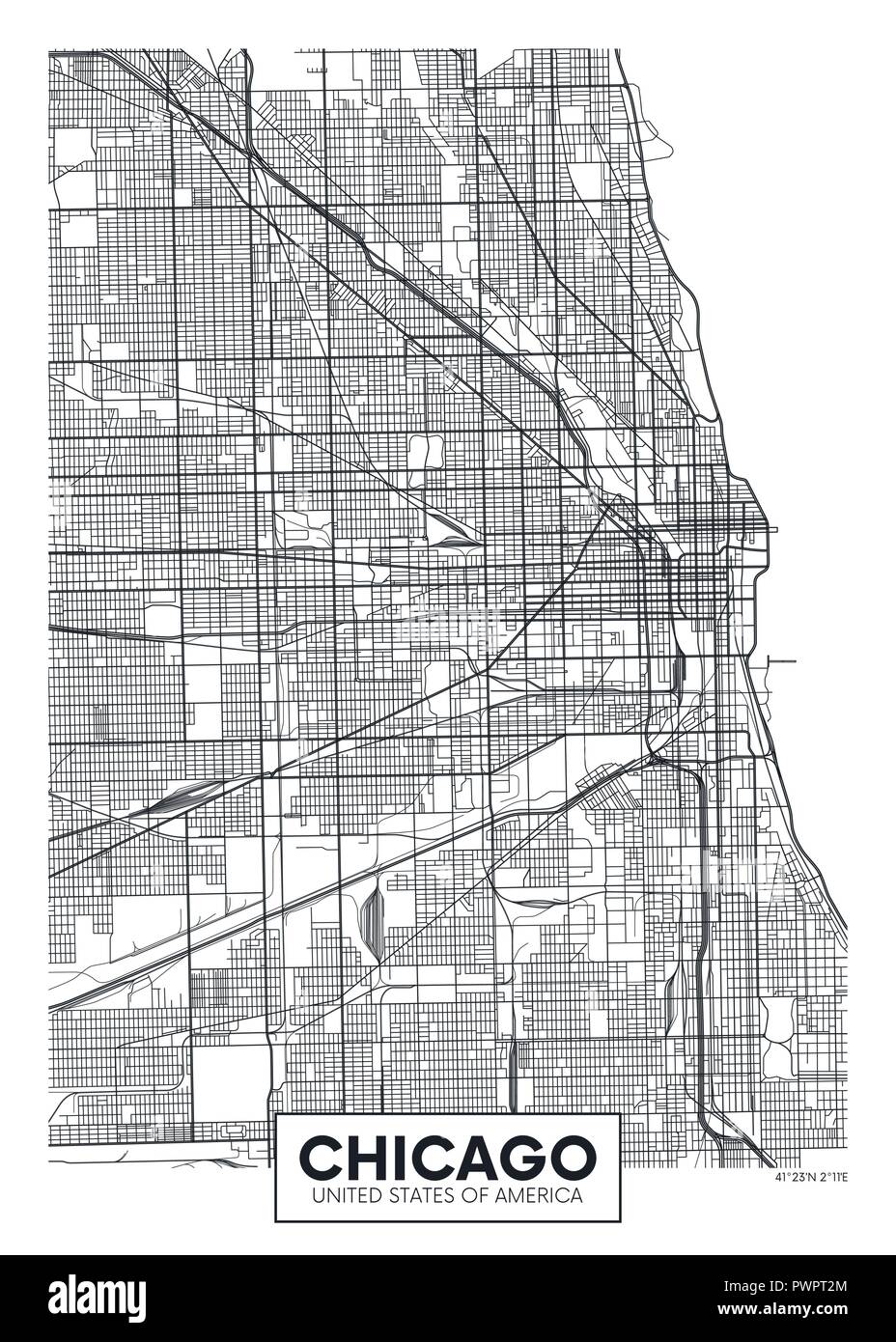 Poster vector map city Chicago plan détaillé de la ville, les rivières et les rues Illustration de Vecteur