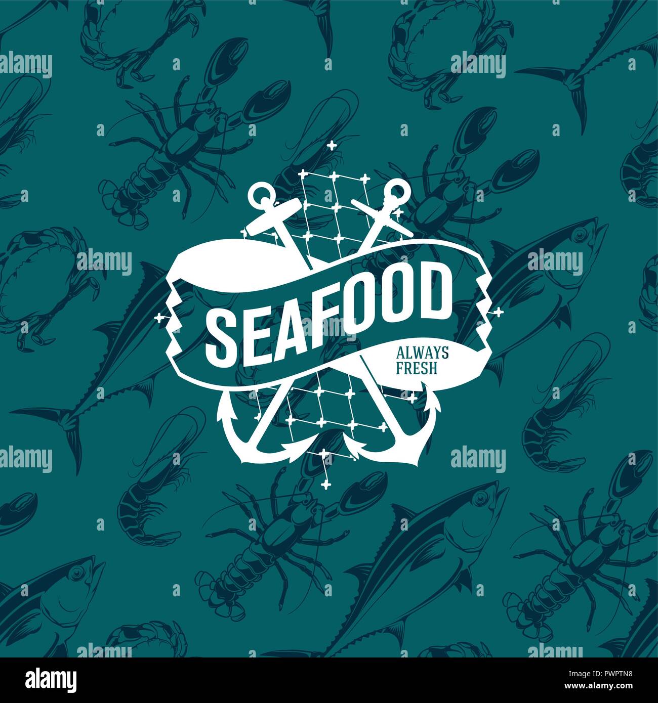 Logo de la mer transparente avec motif sur le thon, les crevettes, le crabe et le homard, vector illustration modèle pour la conception de votre logo Illustration de Vecteur