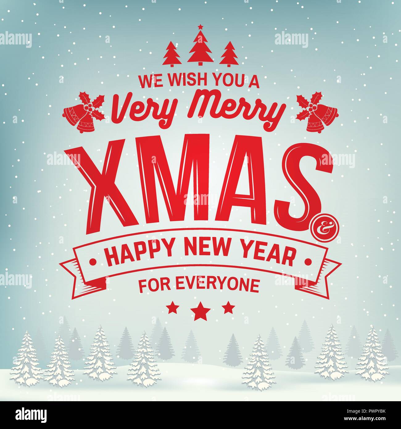 Nous vous souhaitons un très joyeux Noël et Bonne Année stamp, un autocollant avec Holly, berry, arbre de Noël, bell. Vector illustration. Vintage design typographique pour Noël, nouvel an dans l'emblème de style rétro. Illustration de Vecteur