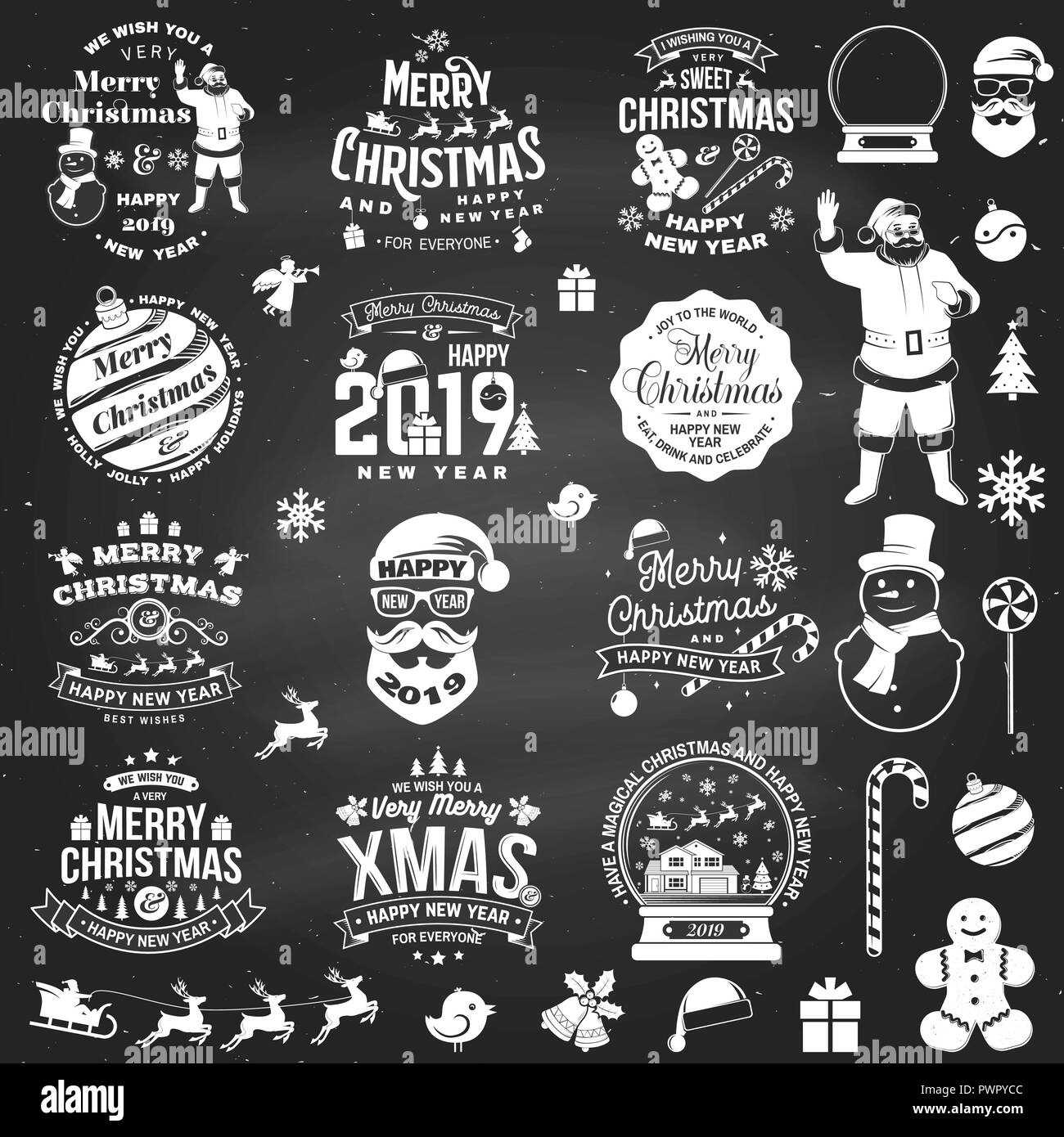 Ensemble de Joyeux Noël et Bonne Année 2019, timbre autocollant fixé précédemment avec les flocons de neige, bonhomme de neige, père noël, des bonbons, des bonbons, des biscuits. Vecteur. Design typographie vintage pour Noël, nouvel an lent Illustration de Vecteur