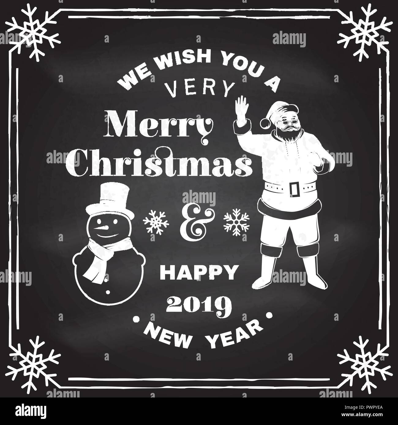 Nous vous souhaitons un très joyeux Noël et Bonne Année stamp, un autocollant avec bonhomme de neige et le Père Noël. Vector illustration. Vintage design typographique pour Noël, nouvel an dans l'emblème de style rétro. Illustration de Vecteur