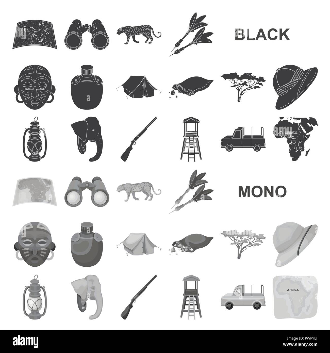 Afrique,sac,Animaux,jumelles,Black,location,collection,défense,dart,diamants,animation,l'éléphant,jaugée, chapeau,hobby,chasse,chasseur,illustration,isolé,lampe,kérosène,leopard,site,mask,nature,Safari,fusil,savanna,savannah,épouvantail,set,signer,symbole,lance,tente,territoire,les voyages,arbre,tribu,trophée tropiques,eau,tour,sauvage,vecteurs vecteur , Illustration de Vecteur