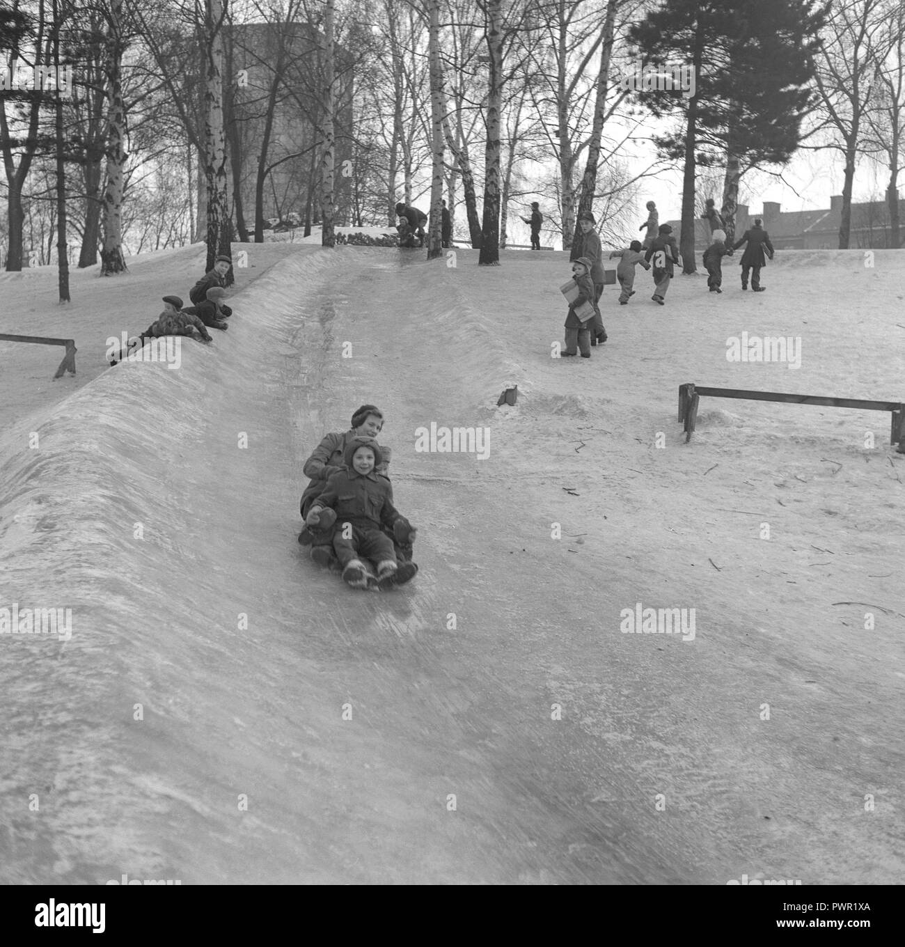 L'hiver dans les années 1950. Des enfants jouent dans un parc à Stockholm. Le glisser sur la colline glacée ensemble et avoir du plaisir. Suède 1951. Ref 1609 Banque D'Images