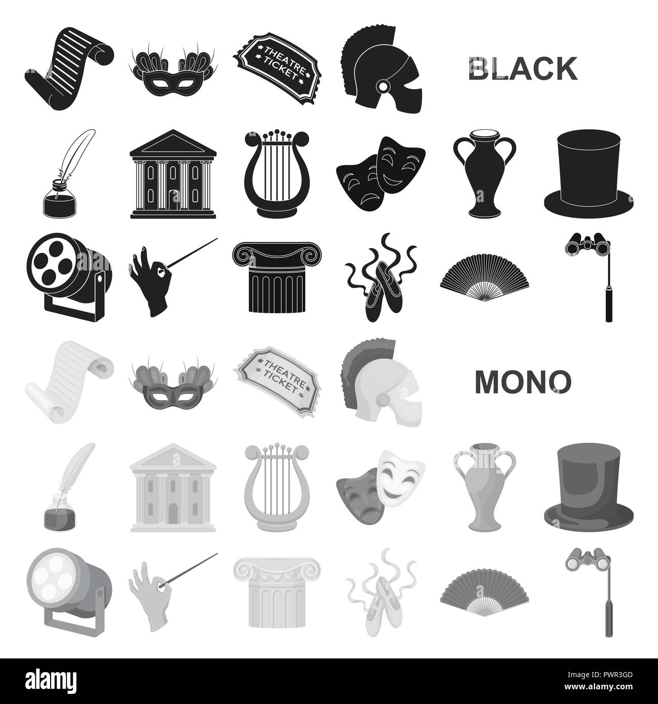 L'art théâtral icônes noires dans set collection pour design.Theatre  Outillage et accessoires stock symbol vector illustration Image Vectorielle  Stock - Alamy