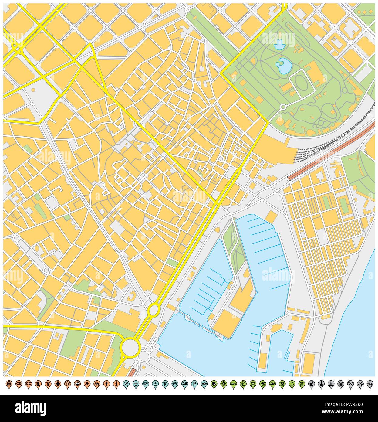 Plan de la ville de Barcelone avec l'axe de communication et de l'infrastructure d'icônes. Illustration de Vecteur
