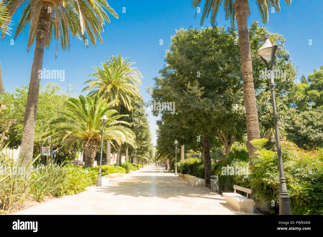 Trottoir sur le Paseo del Parque sur une journée ensoleillée à Malaga, Andalousie, Espagne Banque D'Images