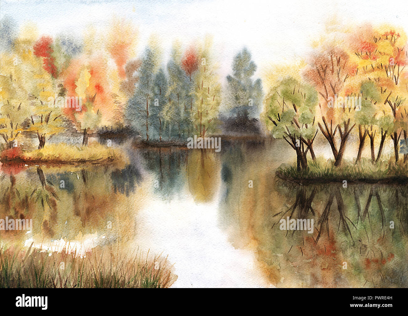 Aquarelle paysage d'automne avec des arbres sur les îles et leurs  réflexions dans un lac Photo Stock - Alamy