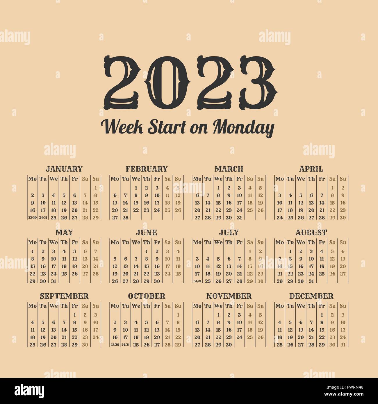 Calendrier De L Annee 2023 L'année 2023 Calendrier Rétro. Semaines Commencent Le Lundi Image  Vectorielle Stock - Alamy