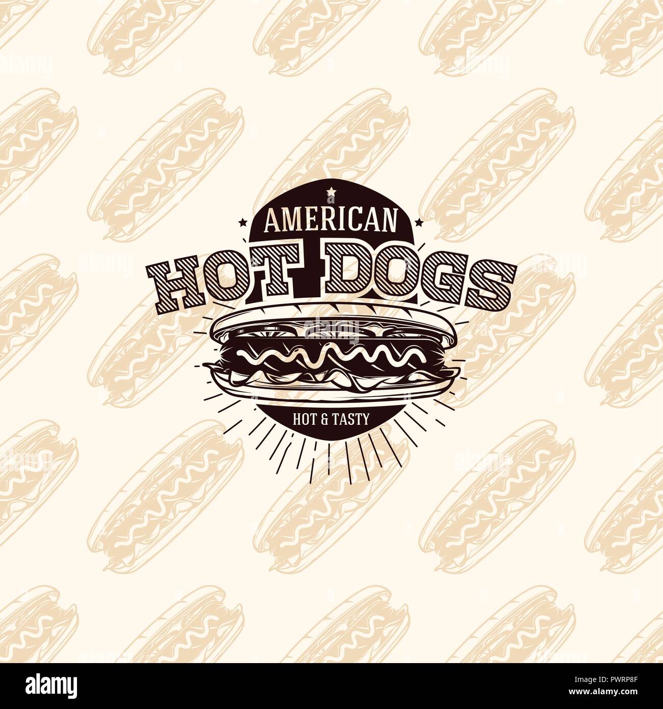 Hot dog américain logo sur motif transparent restauration rapide, vector illustration modèle pour la conception de votre logo Illustration de Vecteur