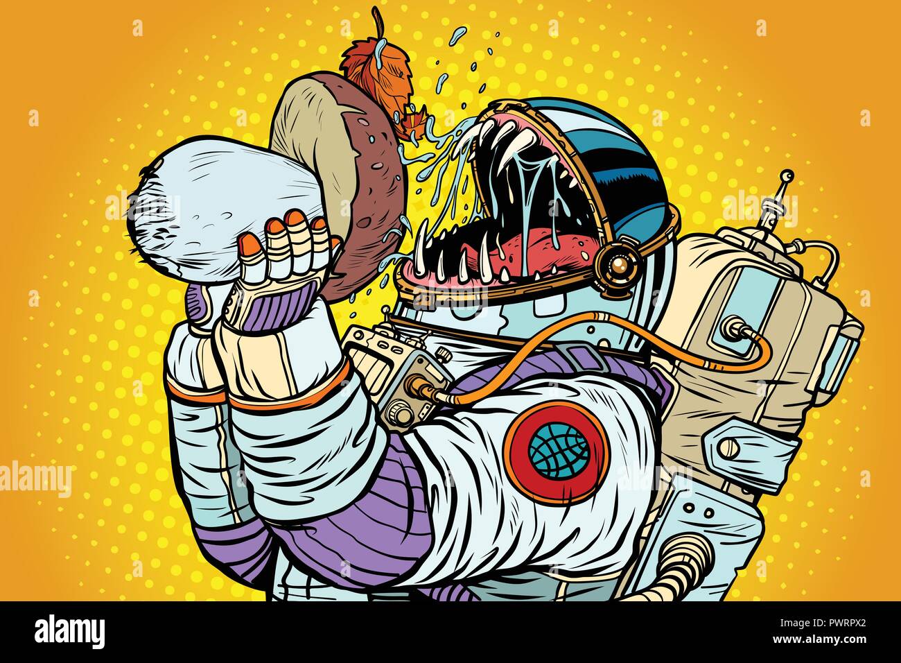 Monster astronaute mange Mushroom Illustration de Vecteur