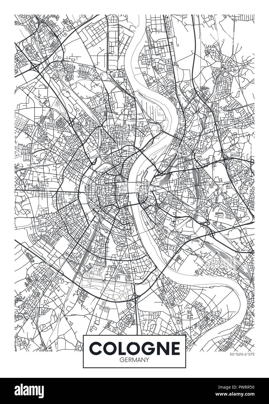 Plan de la ville l'affiche vecteur détaillées Cologne plan détaillé de la ville, les rivières et les rues Illustration de Vecteur