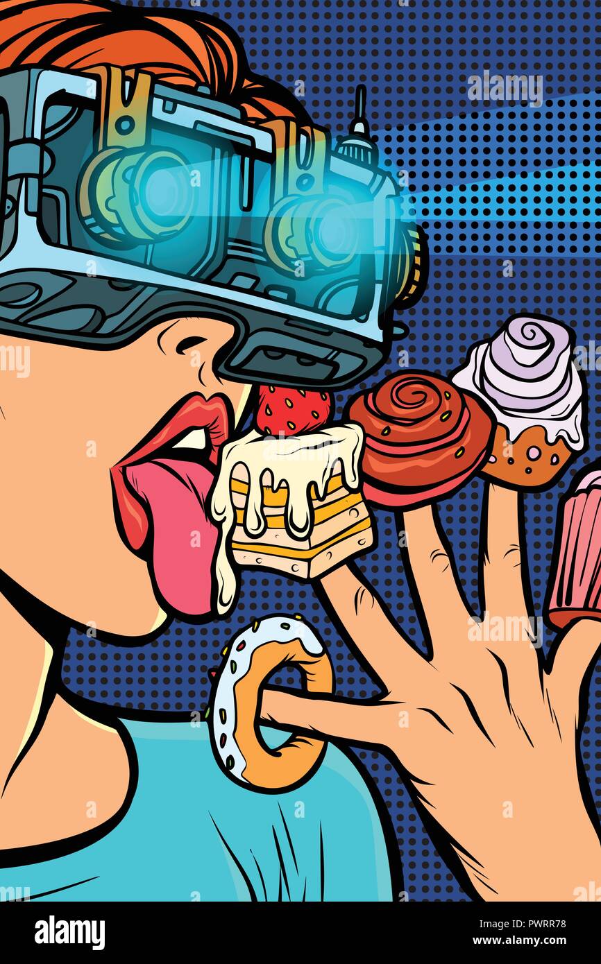 Femme en réalité virtuelle verres manger des douceurs Illustration de Vecteur