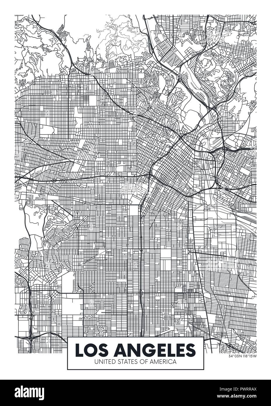 Carte-affiche vecteur ville Los Angeles plan détaillé de la ville, les rivières et les rues Illustration de Vecteur