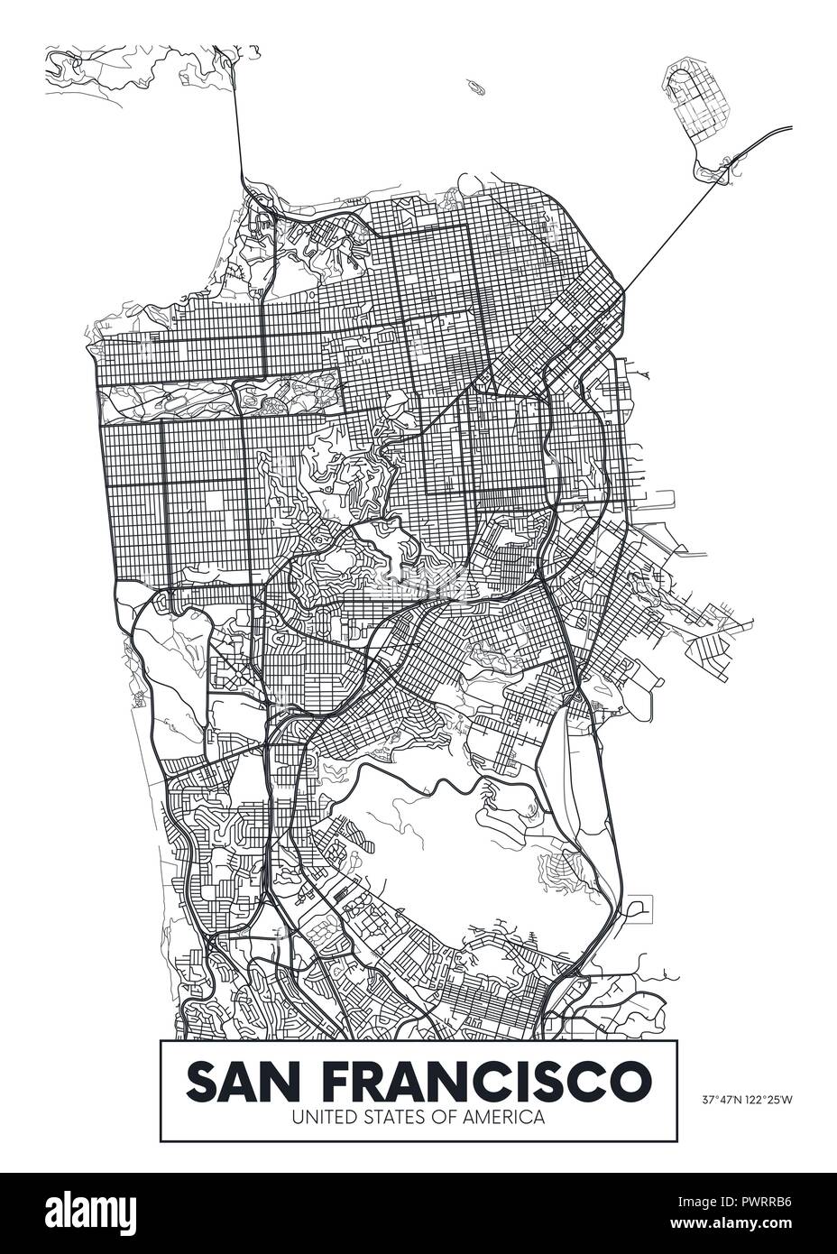 Carte-affiche vecteur ville San Francisco plan détaillé de la ville, les rivières et les rues Illustration de Vecteur