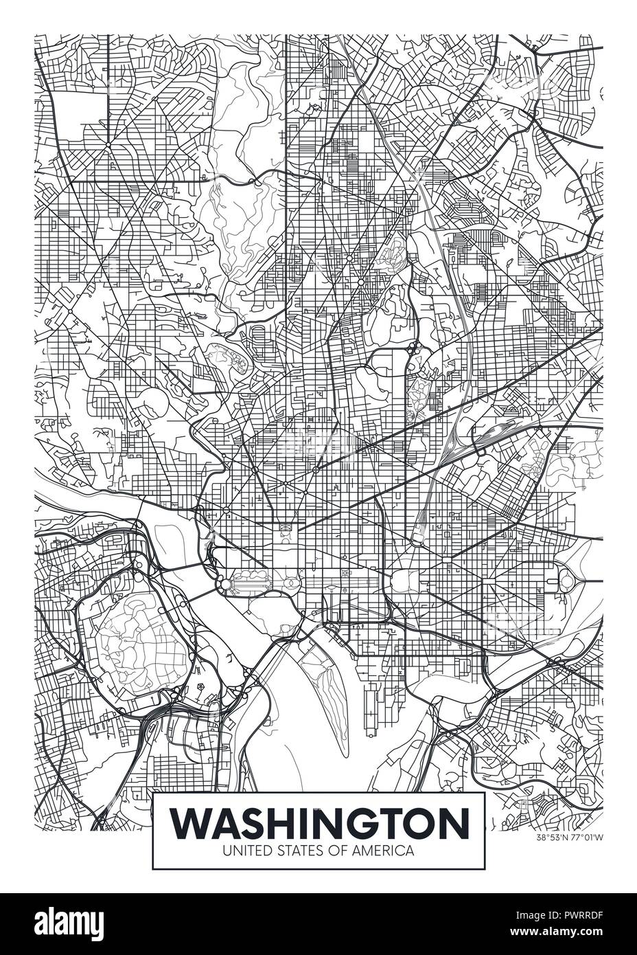 Plan de la ville de Washington, la conception d'affiches Vecteur déplacement plan détaillé de la ville, les rivières et les rues Illustration de Vecteur