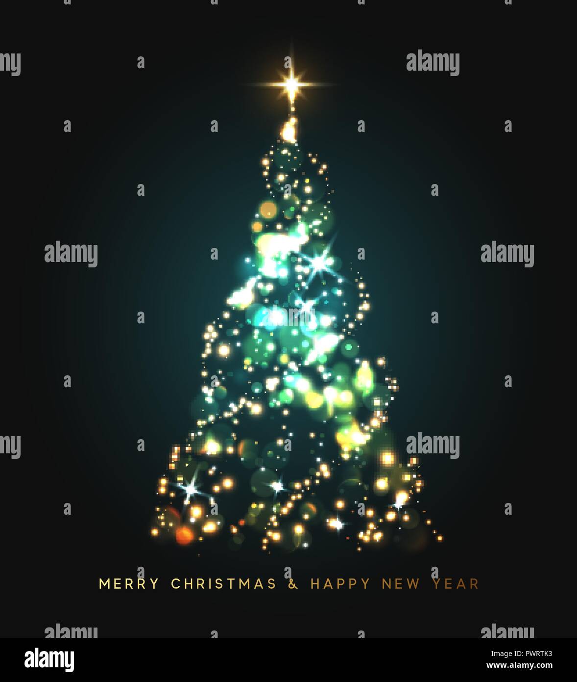 Arbre de Noël magique éclat de lumière. Carte de voeux Joyeux Noël et Bonne Année. Vector 
