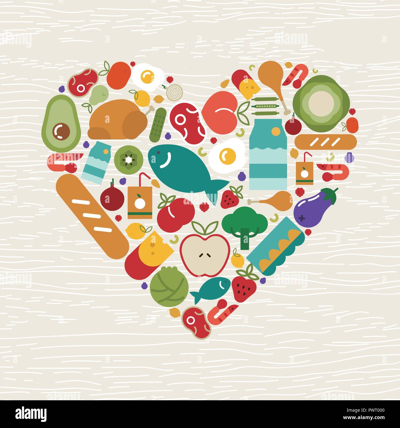 Les icônes en forme de coeur des aliments pour une alimentation saine Une alimentation équilibrée ou concept. Comprend des fruits, légumes, viande, pain et produits laitiers. Illustration de Vecteur