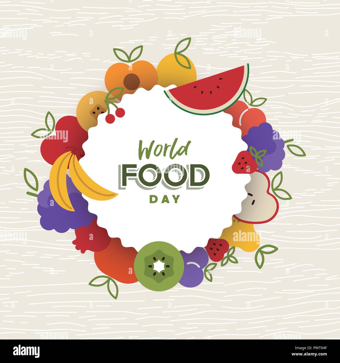 La Journée mondiale de l'alimentation, l'illustration de carte de vœux pour la Nutrition et saine alimentation avec télévision en couleurs cartoon icônes de fruits. Illustration de Vecteur