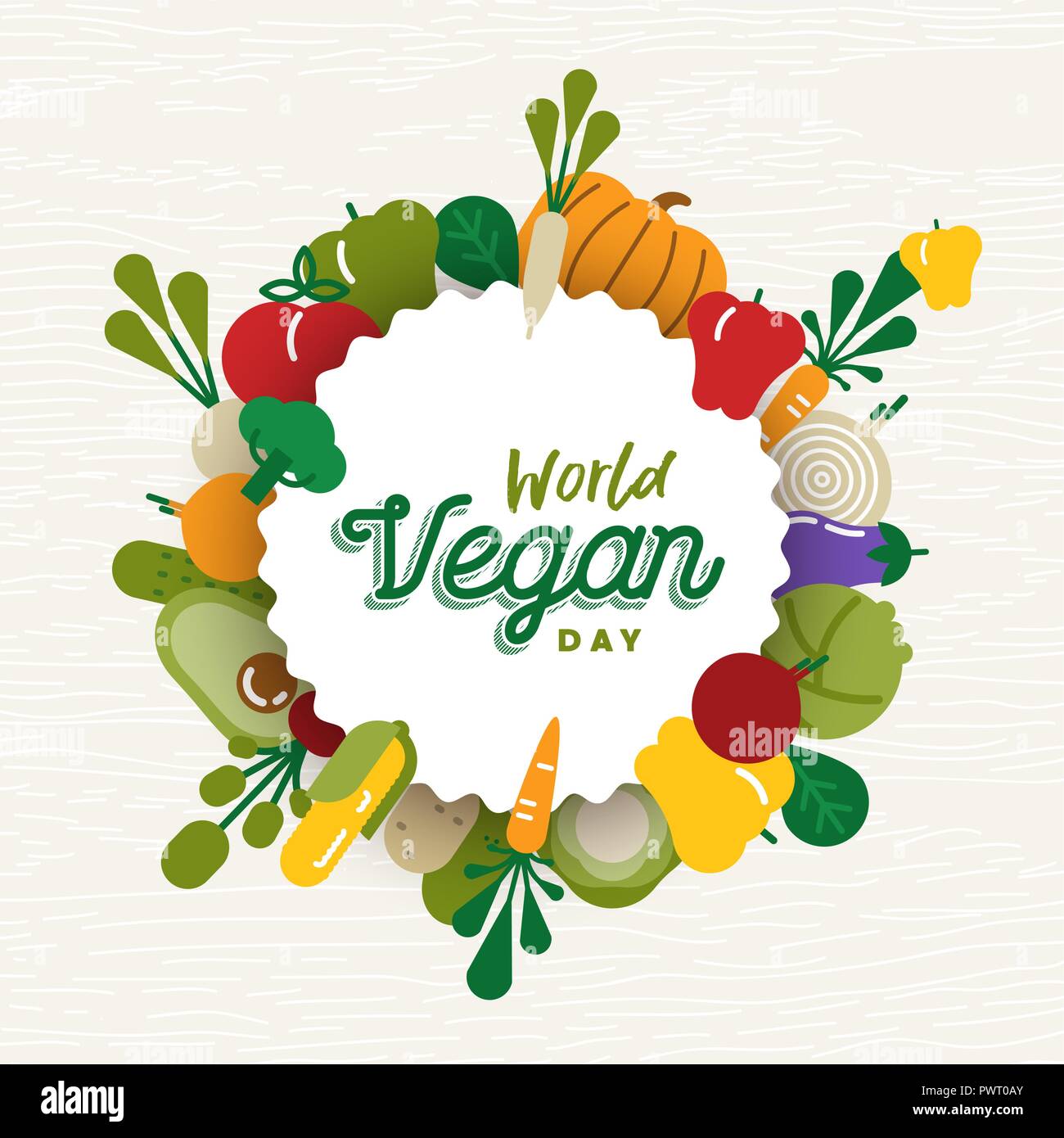 World Vegan Day Greeting card illustration en matière d'alimentation et d'alimentation saine avec des légumes colorés télévision cartoon icônes. Illustration de Vecteur