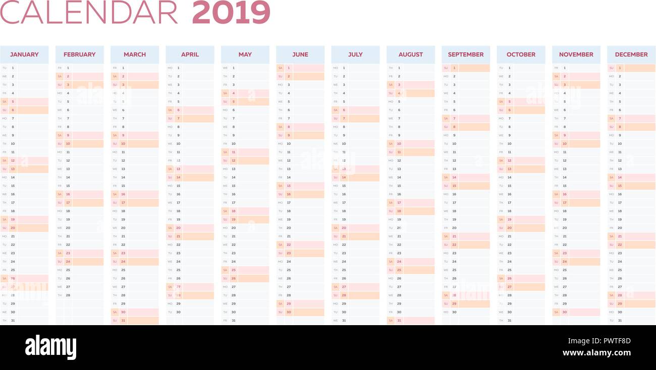 Calendrier d'affaires pour l'année 2019 modèle vectoriel Illustration de Vecteur