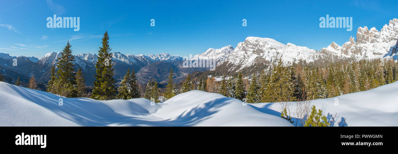 Vue panoramique de poudreuse fraîche dans la forêt, montagnes aux sommets enneigés et le fond de la vallée. Alpes italiennes de l'hiver, ciel bleu et quelques grands de la raquette. Banque D'Images