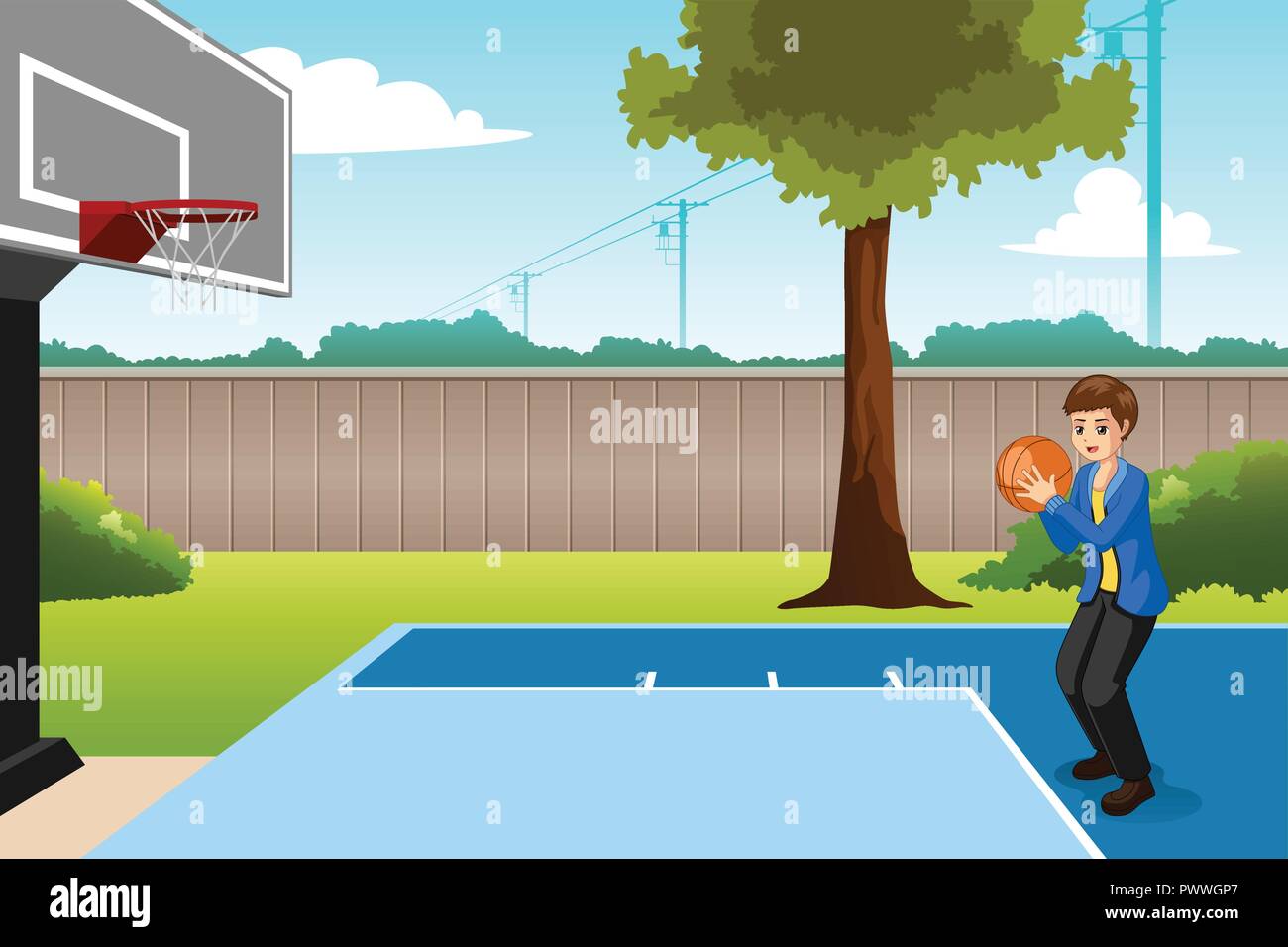 Un vecteur illustration de Garçon jouant au basket-ball dans la cour Illustration de Vecteur
