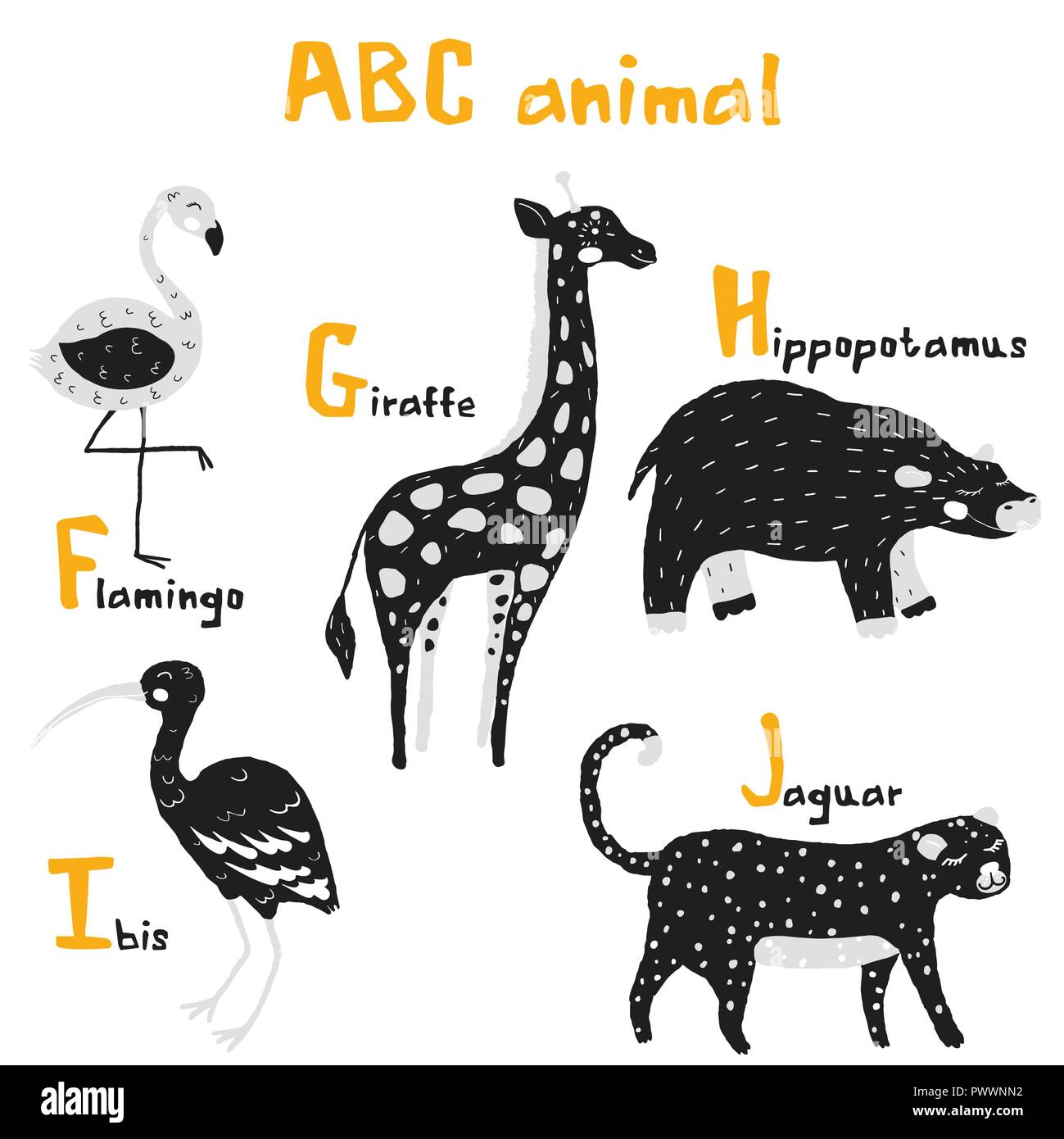 Vector hand drawn cute animal alphabet abc design scandinave, Flamingo, girafe, hippopotamusl, ibis, jaguar Illustration de Vecteur