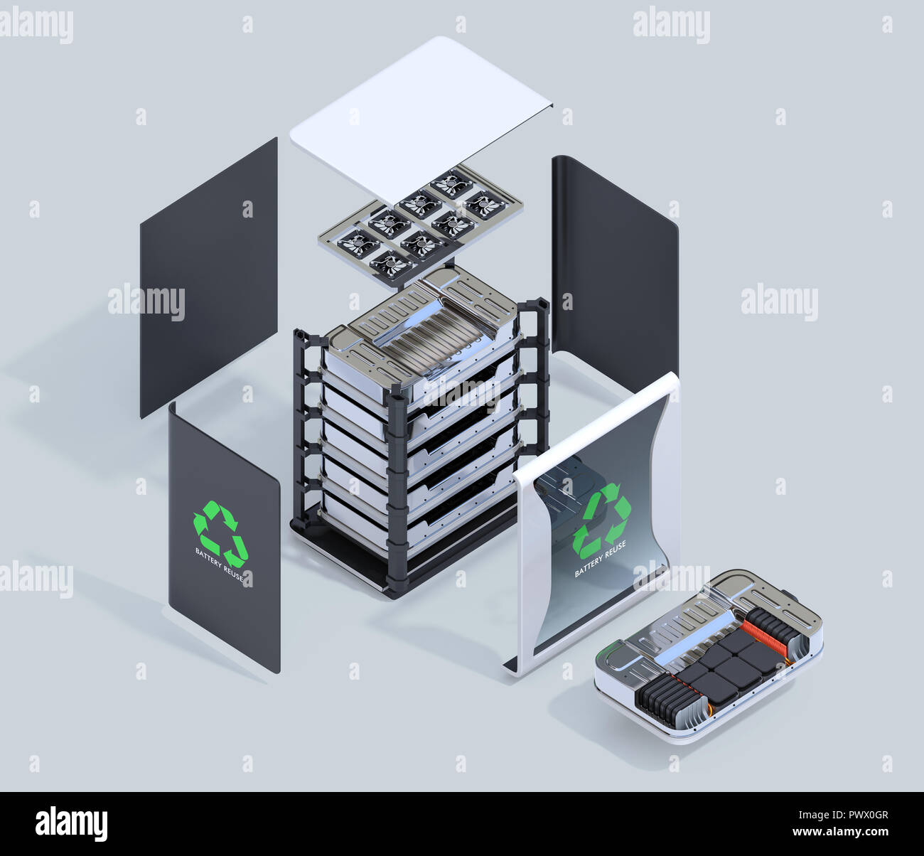 Vue éclatée des batteries des véhicules électriques réutilisés avec paquet de batterie EV Vue en coupe. Recycler les batteries EV concept. J'ai rendu 3D Banque D'Images