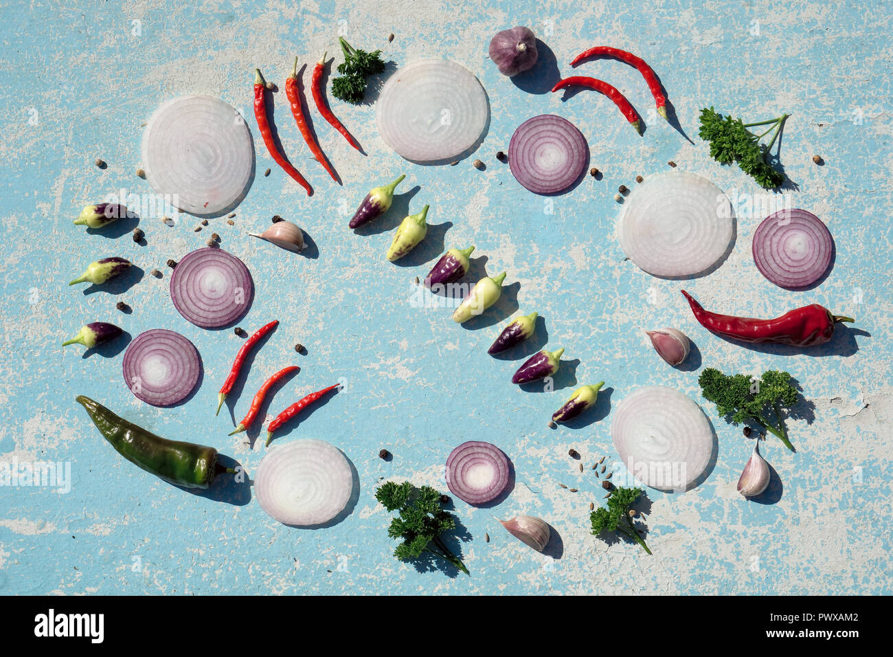 Des légumes frais blanc .et l'oignon rouge, rouge et vert clile poivre et d'épices sur la table en bois bleu au jardin en journée d'été. copie espace, top v Banque D'Images