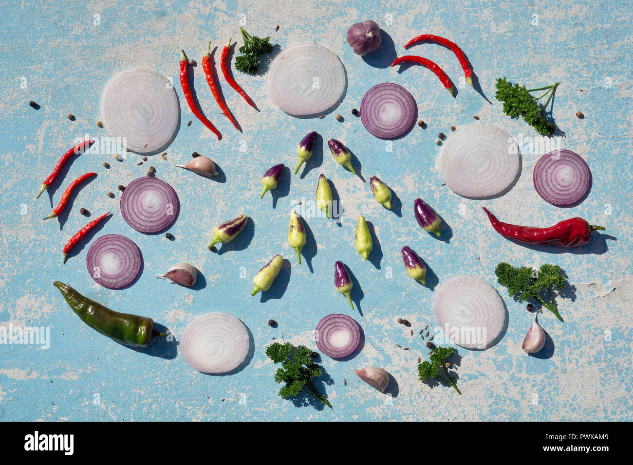 Des légumes frais blanc .et l'oignon rouge, rouge et vert clile poivre et d'épices sur la table en bois bleu au jardin en journée d'été. copie espace, top v Banque D'Images