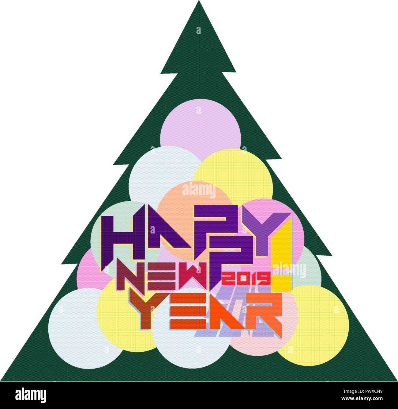 Bonne année message d'inscription sur l'arrière-plan de boules de couleur et un arbre de Noël, l'art typographie Illustration de Vecteur