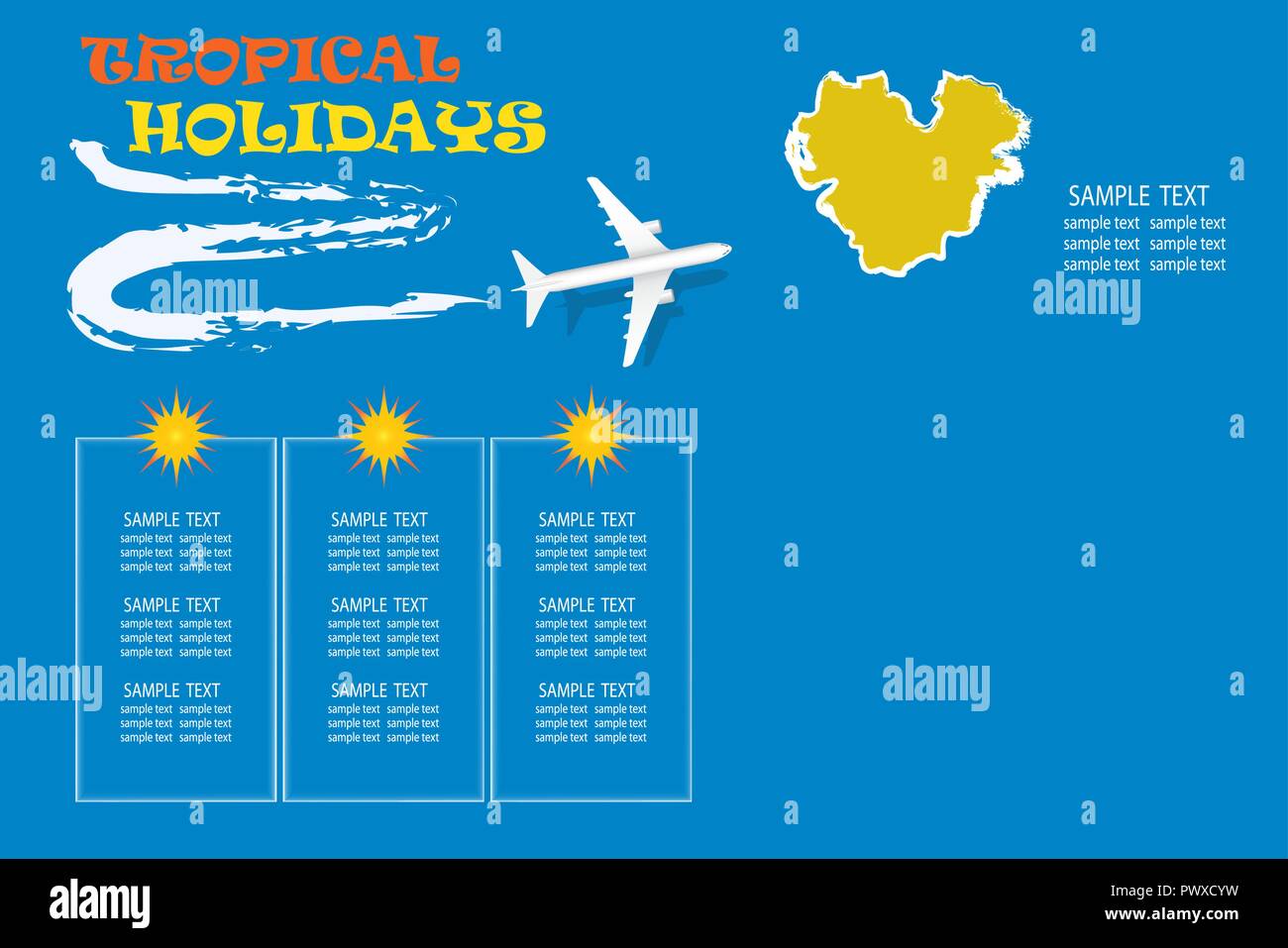 Vacances tropicales modèle vierge avec un avion volant au-dessus de l'île seul dans l'océan. Le scénario a une place pour vos photos ou du texte. Il peut être Illustration de Vecteur