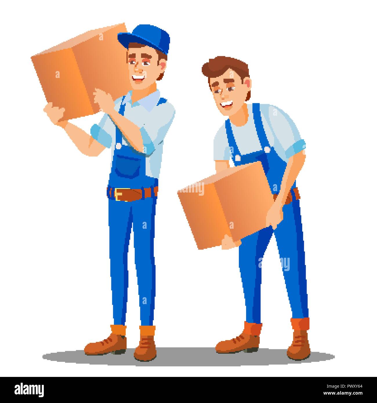 Travailleur de livraison en uniforme porte une lourde boîte vecteur. Illustration isolé Illustration de Vecteur