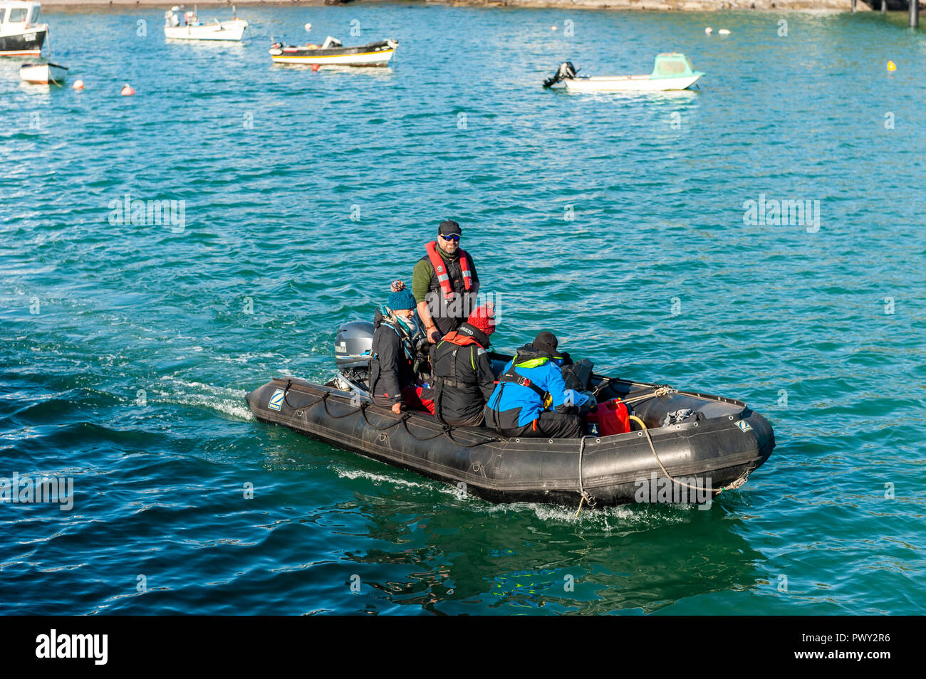 Schull, West Cork, Irlande. 18 Oct, 2018. Les membres de la National Parks and Wildlife Service board leur RIB à passer une journée en comptant les phoques et leurs petits autour des îles près de Schull dans le cadre de la politique de conservation du gouvernement irlandais. La journée sera sèche et lumineuse avec éclaircies et des températures de 11 à 14°C. Credit : Andy Gibson/Alamy Live News. Banque D'Images