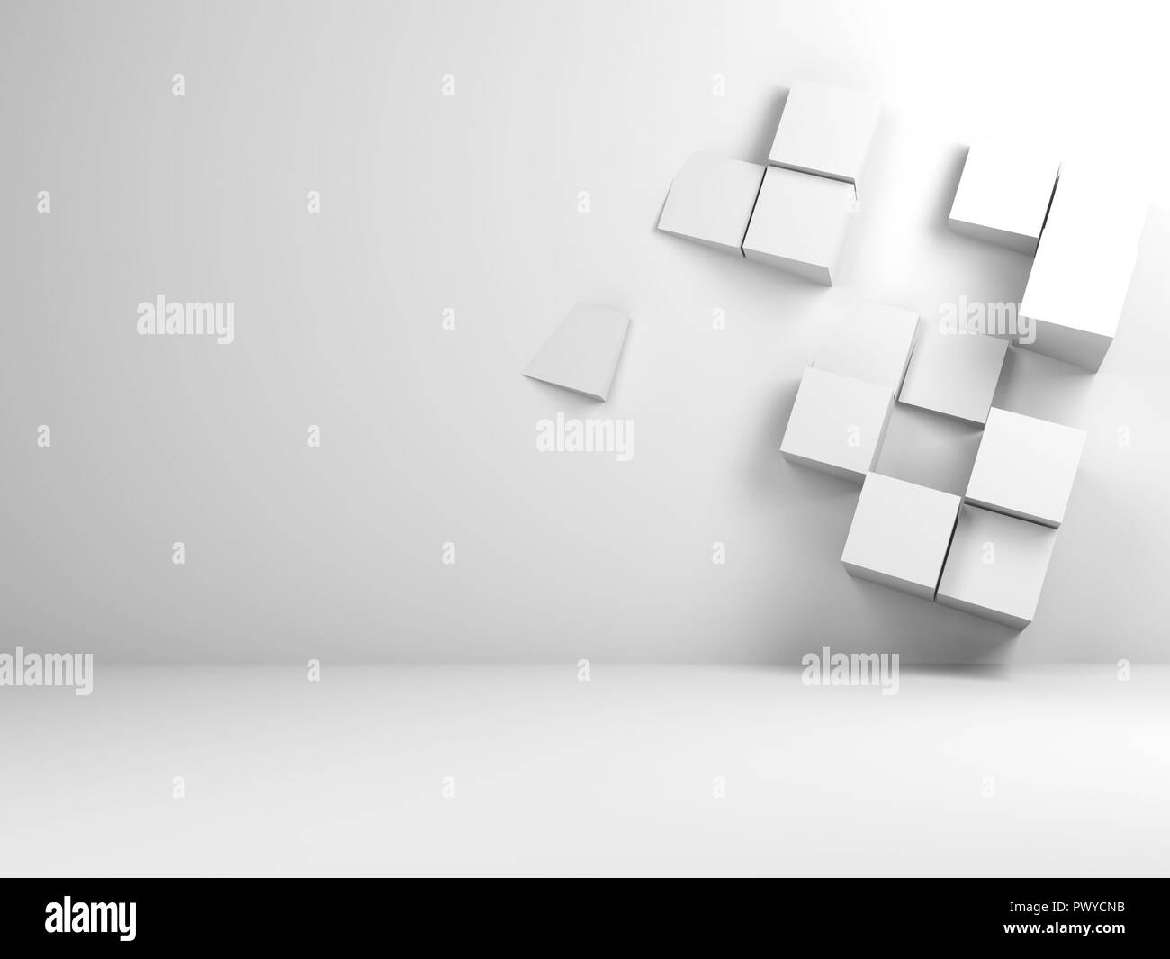 Résumé Contexte intérieur blanc avec des cubes extrudé aléatoire installation sur mur vide. 3d illustration Banque D'Images