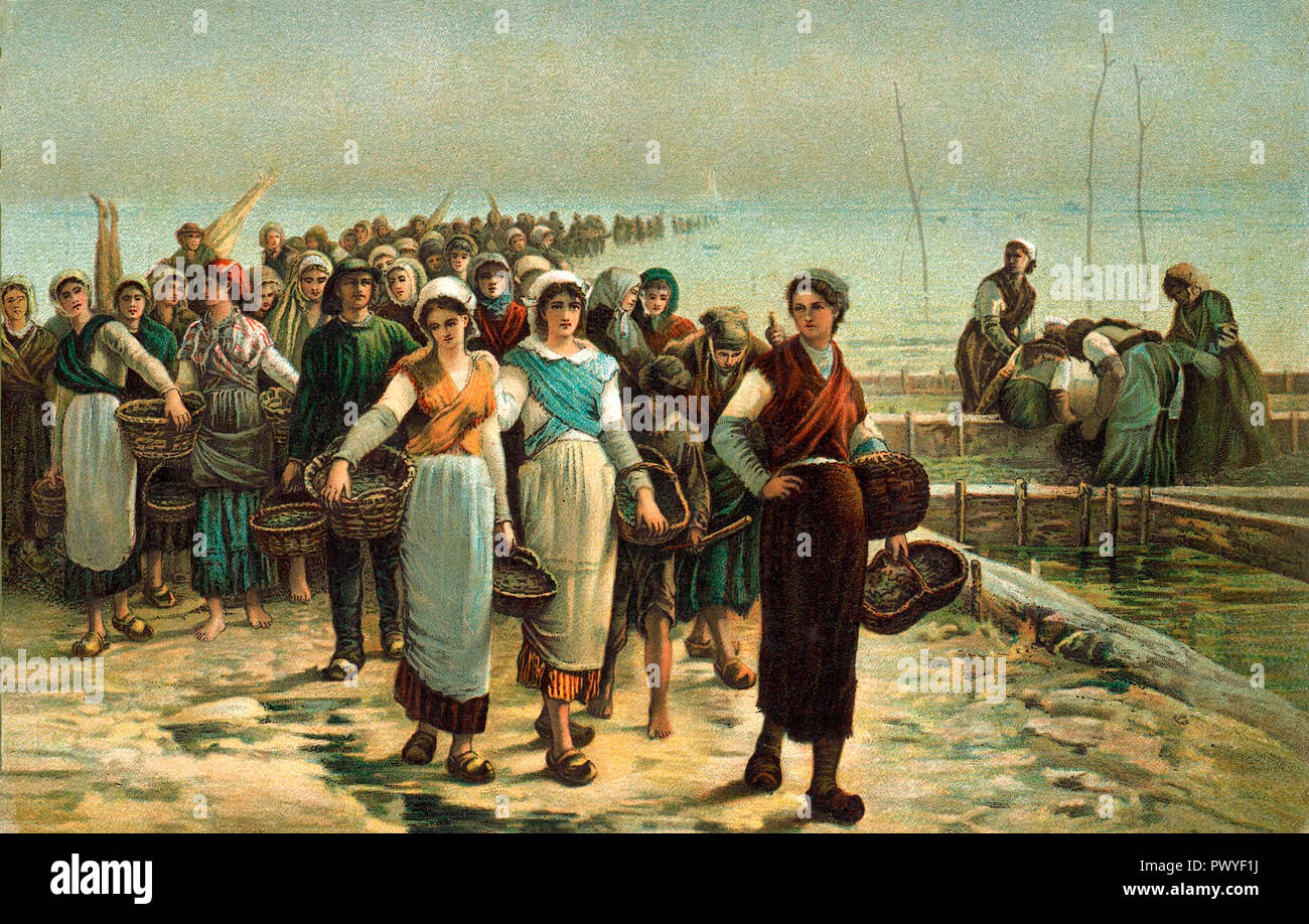 Photographie Jeunes Cancalaises en route pour le parc a huitres Collection mere arabe (voir photo 5. Banque D'Images