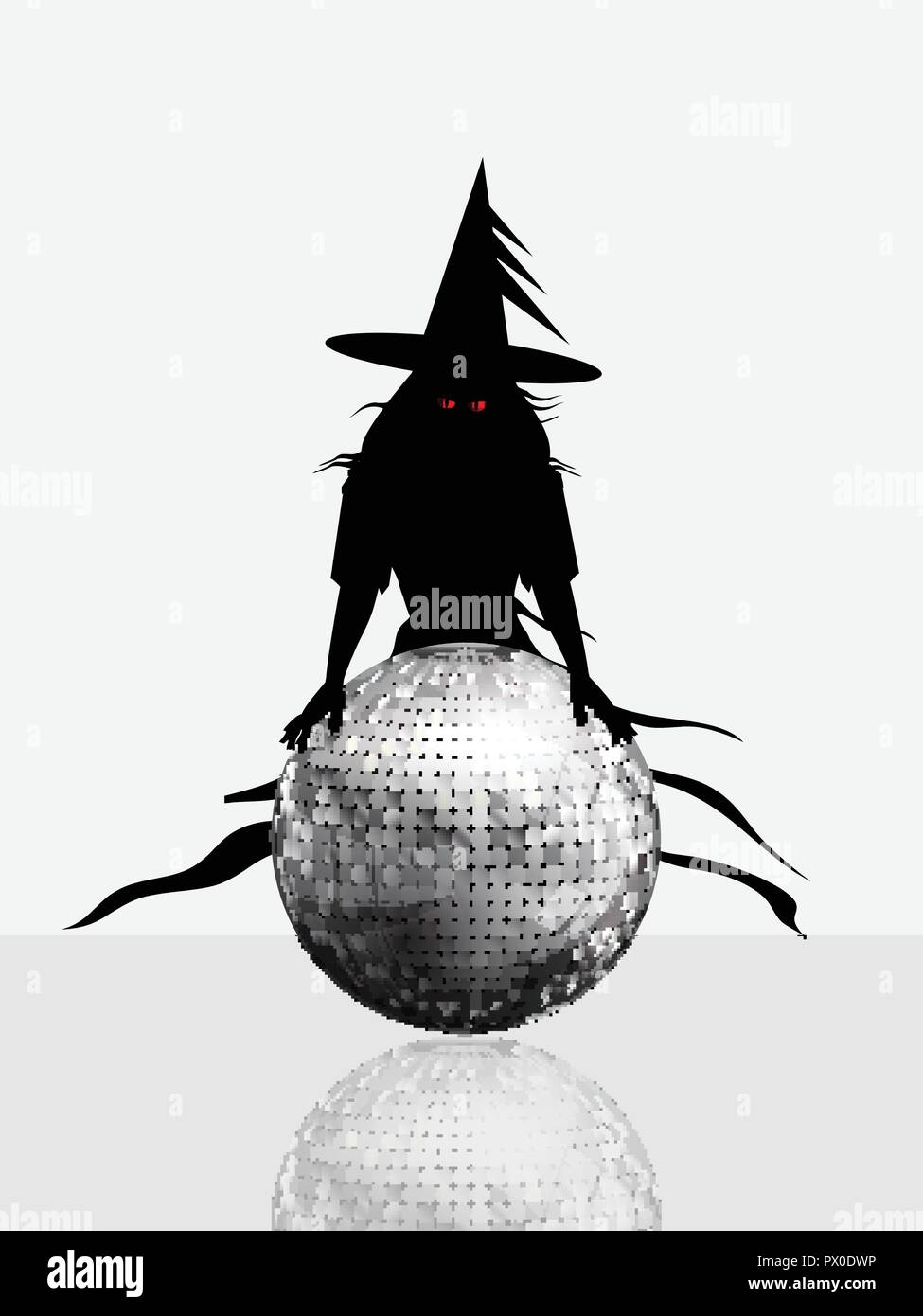 Halloween avec fond blanc avec Spooky Sorcière Noire Silhouette aux yeux rouges tenant une boule disco Argent Illustration de Vecteur