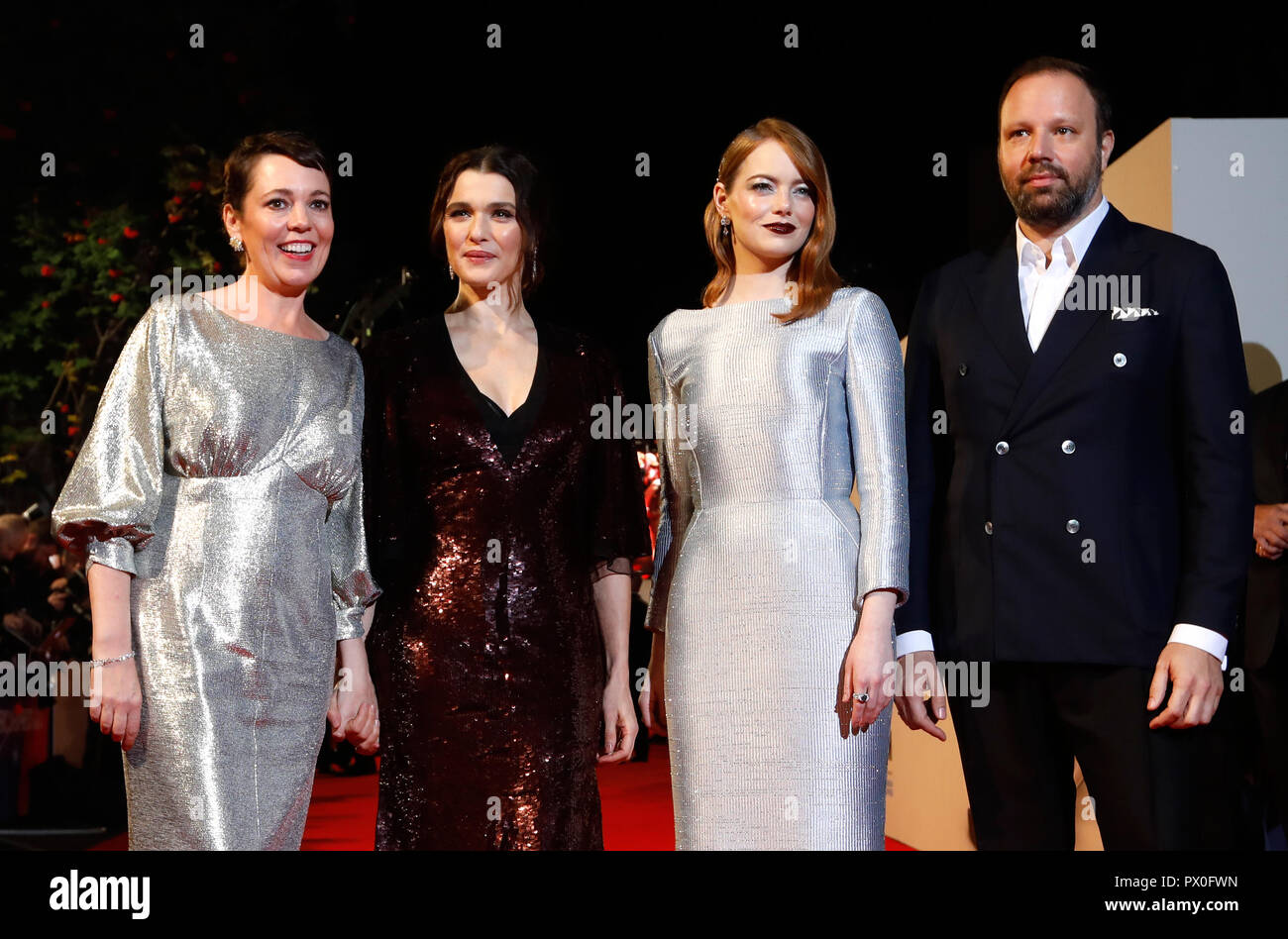 Olivia Colman, Rachel Weisz, Emma Stone et directeur Yorgos Lanthimos participant à la UK premiere du favori à la BFI Southbank pour la 62e session de BFI London Film Festival. Banque D'Images