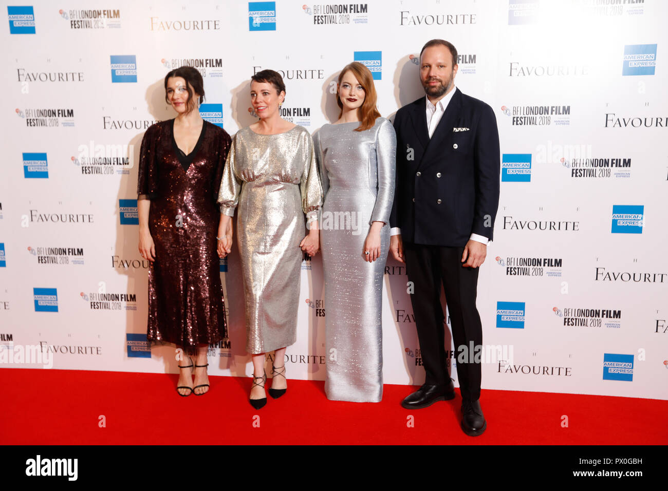 Rachel Weisz, Olivia Colman, Emma Stone et Yorgos Lanthimos participant à la UK premiere du favori à la BFI Southbank pour la 62e session de BFI London Film Festival. Banque D'Images