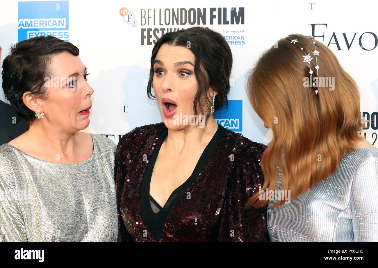 Olivia Colman, Rachel Weisz et Emma Stone qui fréquentent le Royaume-uni première du favori dans la BFI Southbank pour la 62e session de BFI London Film Festival. Banque D'Images