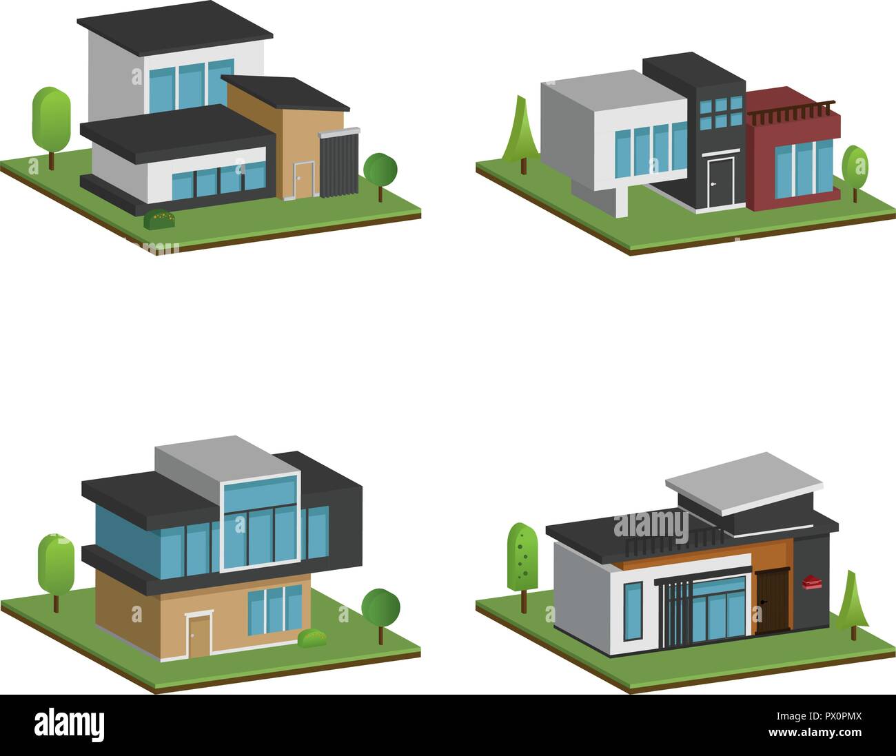 Ensemble de quatre maisons isométrique et maisons modernes, de conception 3D et de l'architecture moderne avec sol, Vector collection d'accueil 3D illustration sur w Illustration de Vecteur