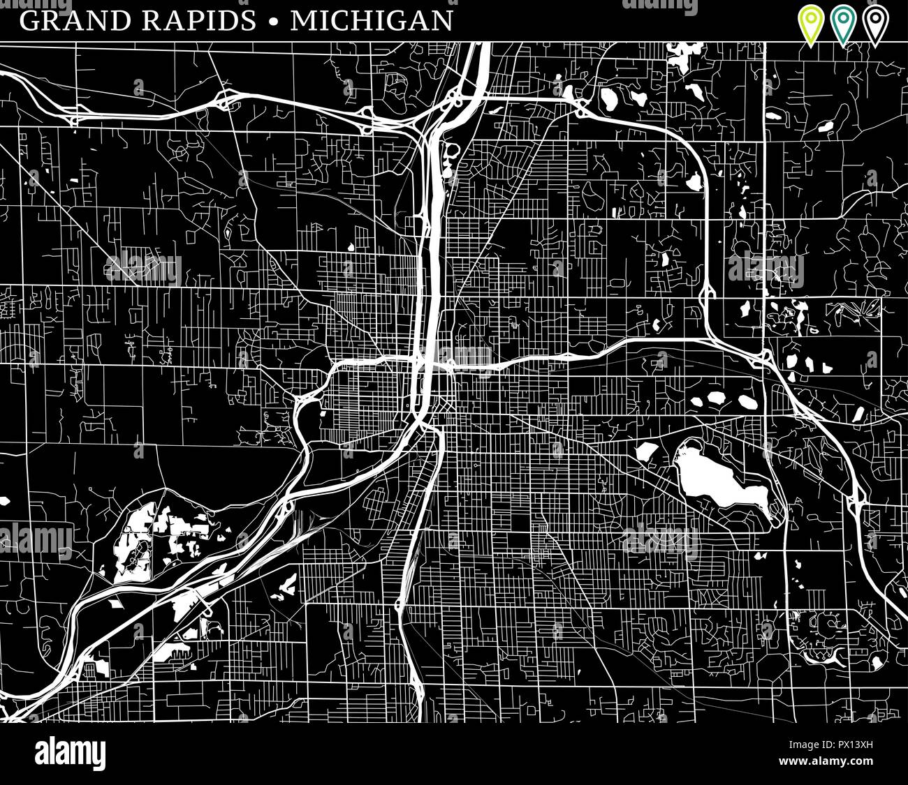 Simple Plan de Grand Rapids, Michigan, USA. Version noir et blanc pour les fonds. Ce plan de Grand Rapids contient trois marqueurs qui sont regroupés un Illustration de Vecteur