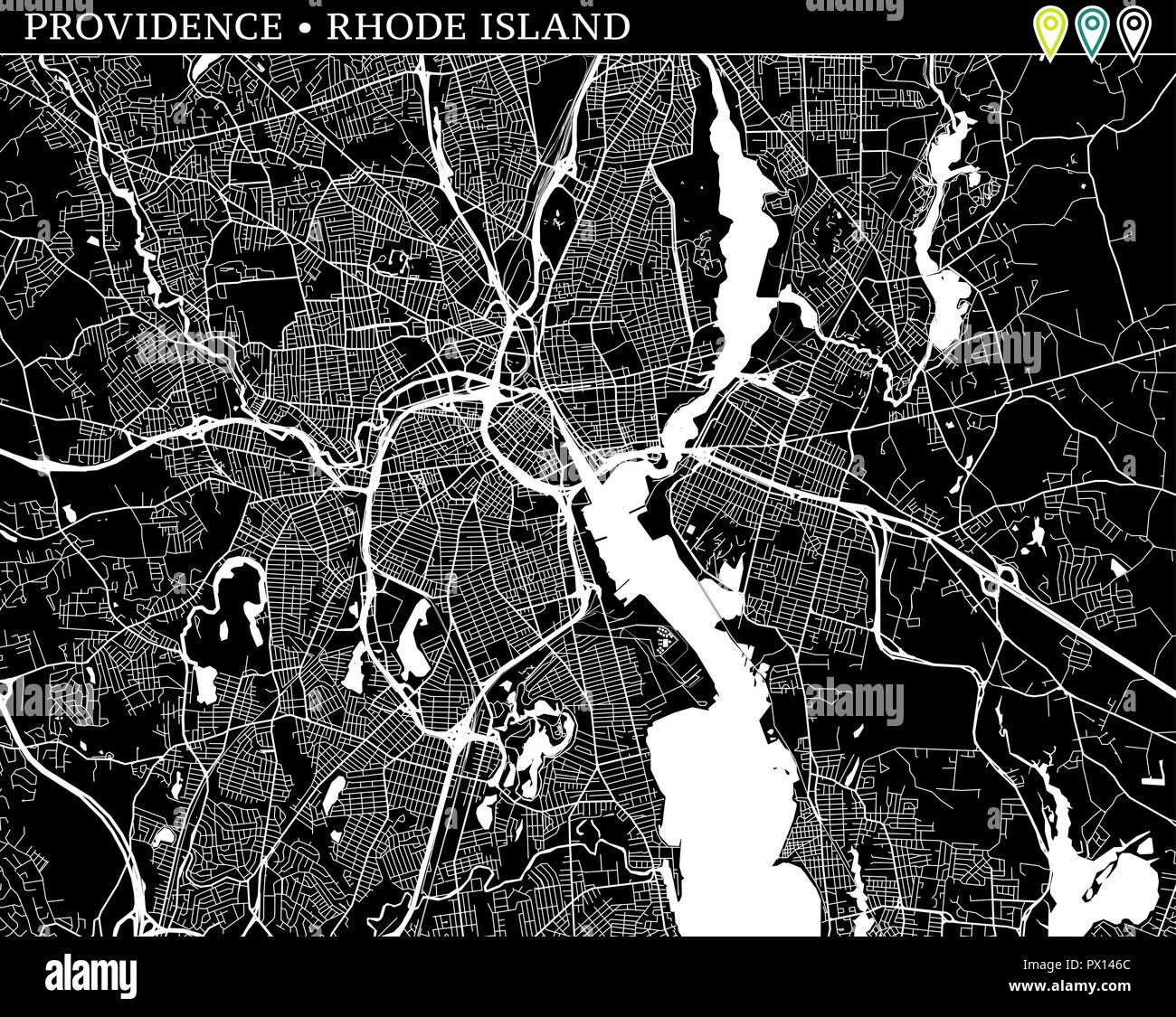 Simple carte de Providence, Rhode Island, USA. Version noir et blanc pour les fonds. Cette carte de la Providence contient trois marqueurs qui sont regroupés un Illustration de Vecteur