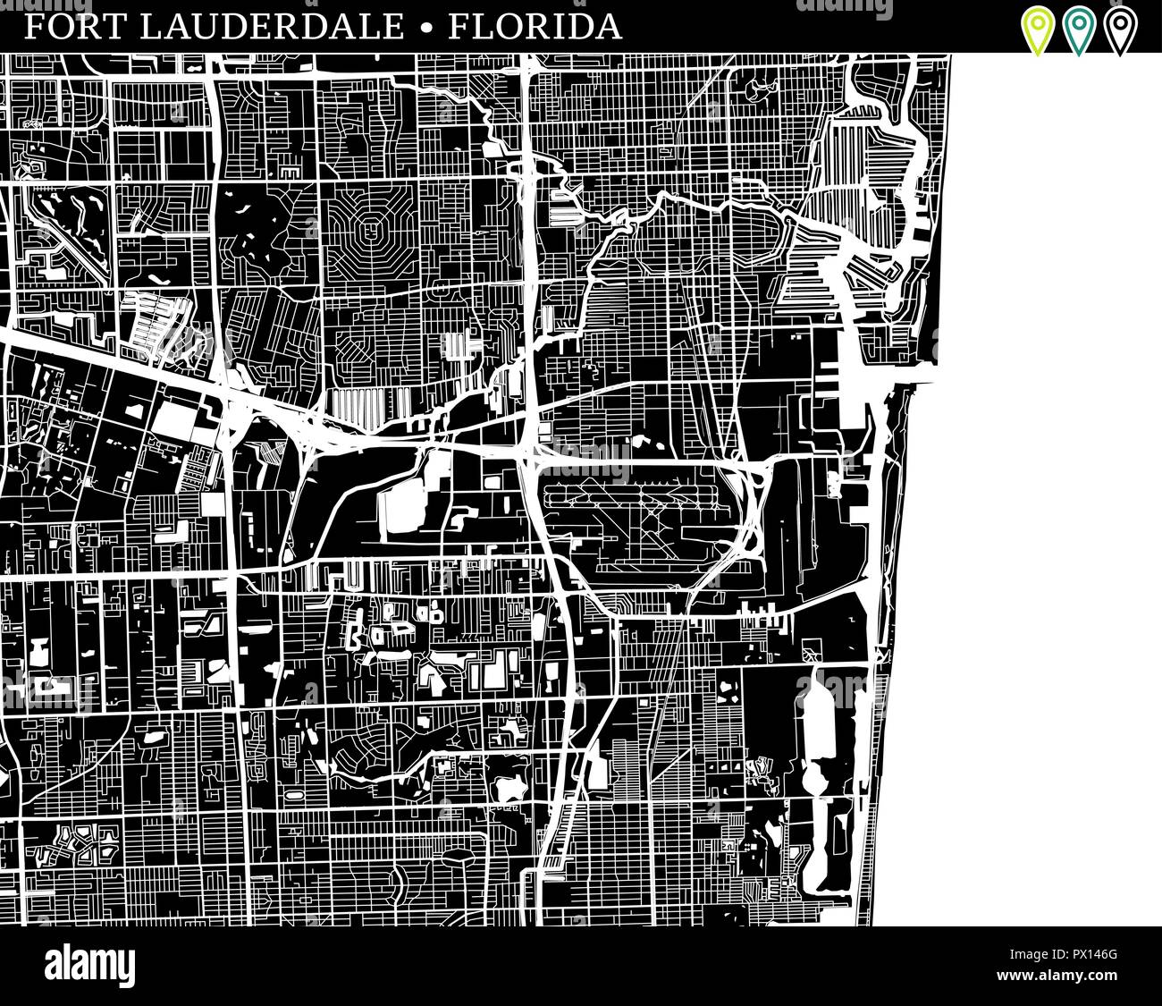 Simple Plan de Fort Lauderdale, Floride, USA. Version noir et blanc pour les fonds. Ce plan de Fort Lauderdale contient trois marqueurs qui sont group Illustration de Vecteur