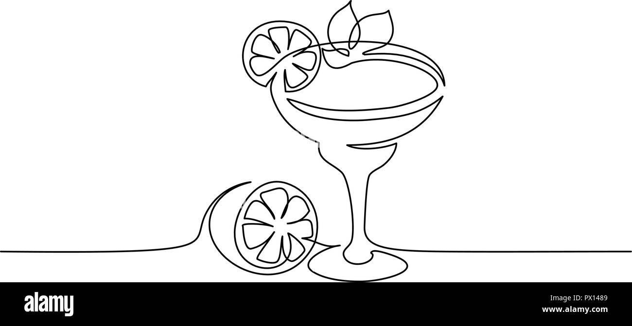 Dessin d'une ligne continue. Cocktail margarita avec de la chaux et de feuille de menthe. Vector illustration Illustration de Vecteur