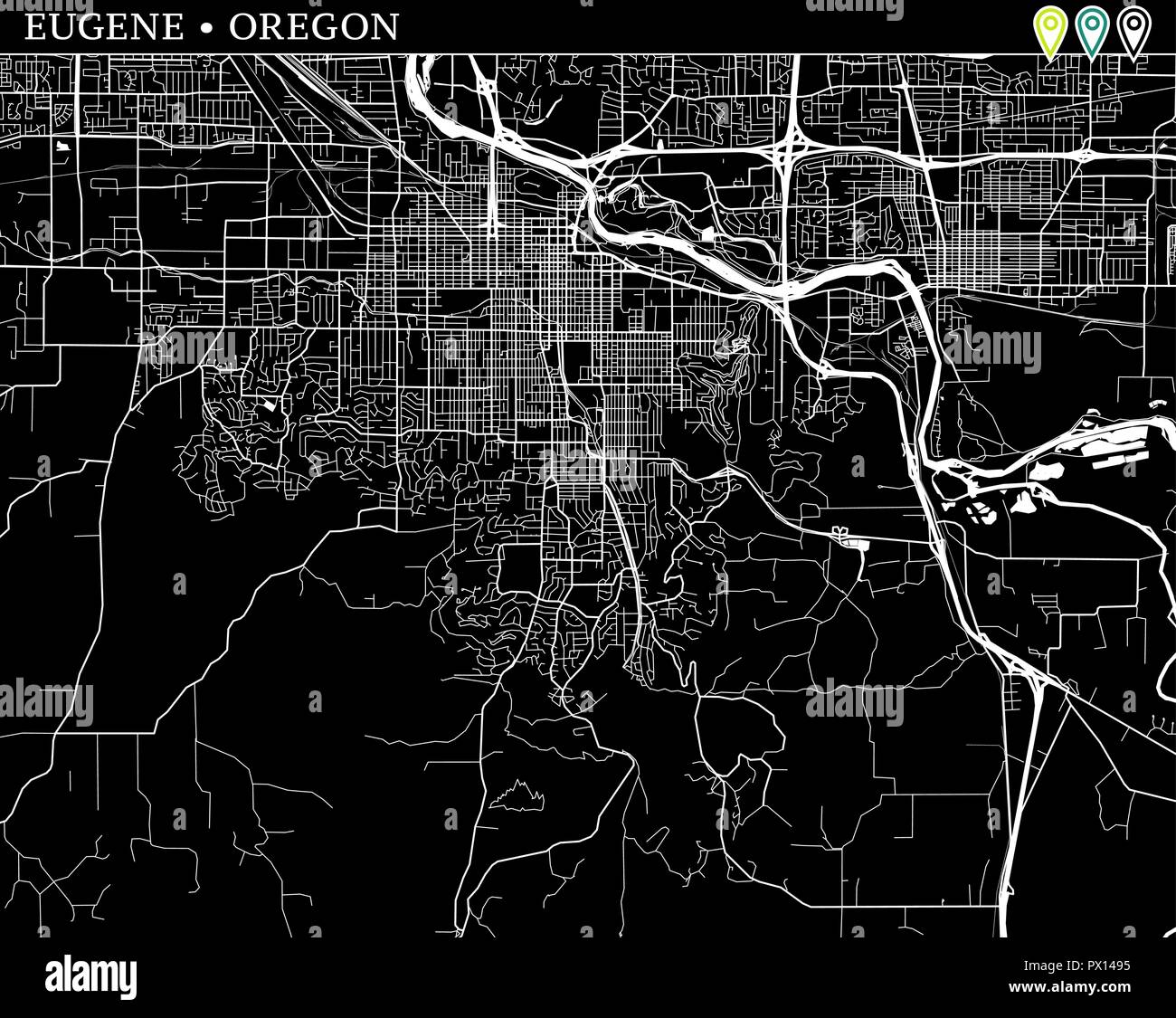 Carte simple de Eugene, Oregon, USA. Version noir et blanc pour les fonds. Cette carte d'Eugene contient trois marqueurs qui sont regroupés et peut être déplacé. Illustration de Vecteur