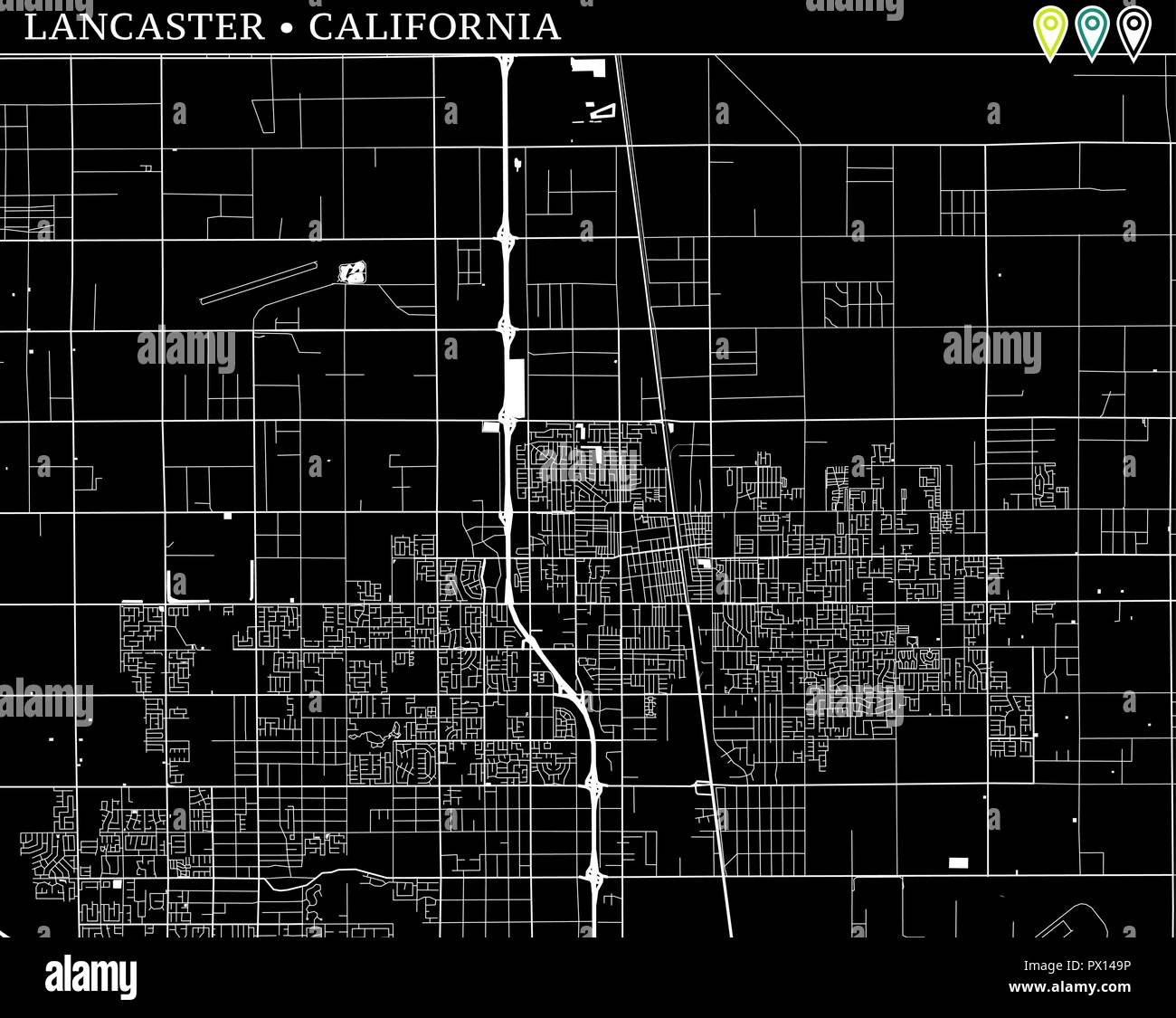 Simple Plan de Lancaster, Californie, USA. Version noir et blanc pour les fonds. Cette carte de Lancaster contient trois marqueurs qui sont regroupés et ca Illustration de Vecteur