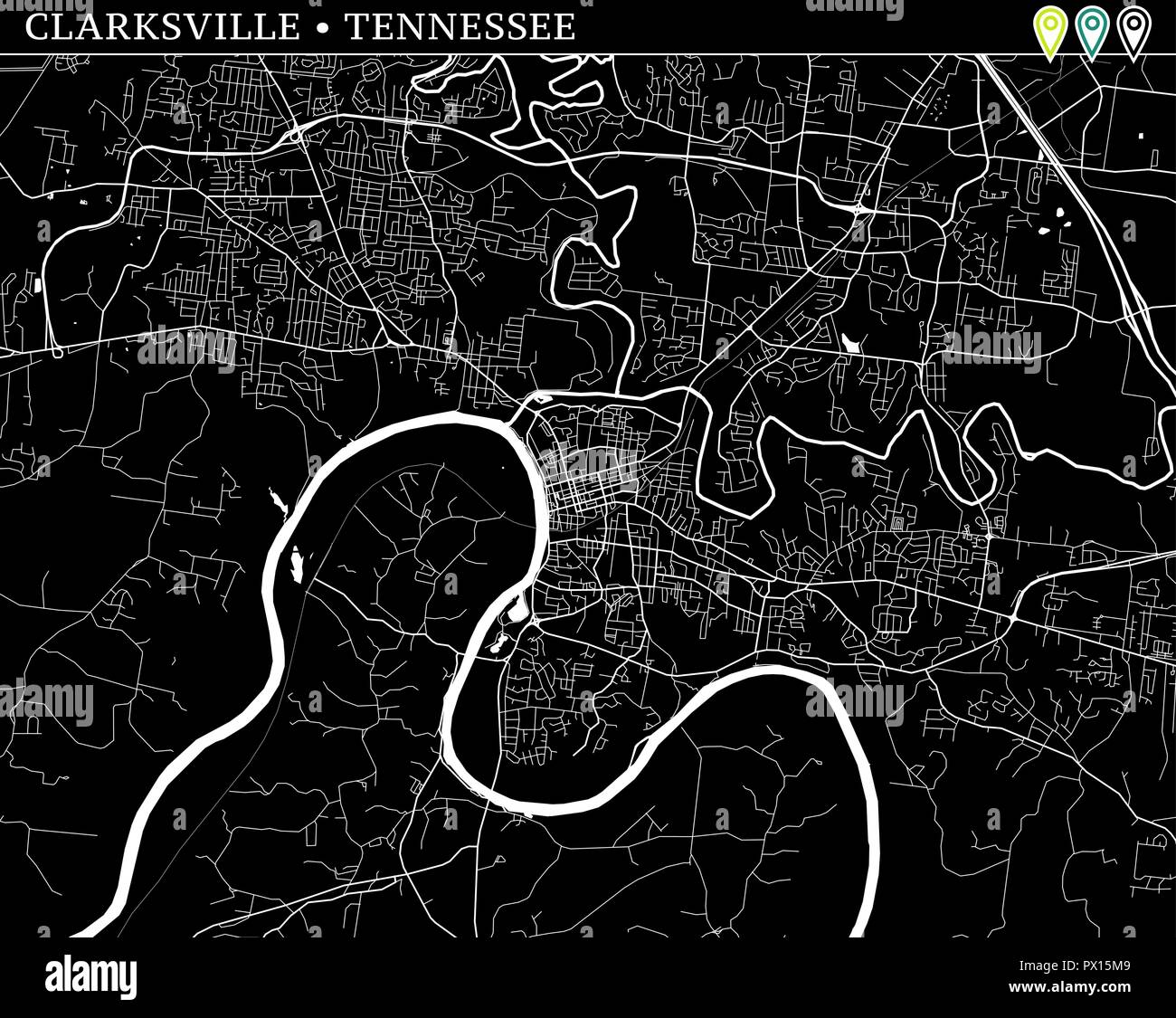 Carte simple de Clarksville, Tennessee, USA. Version noir et blanc pour les fonds. Cette carte de Clarksville contient trois marqueurs qui sont regroupés et Illustration de Vecteur